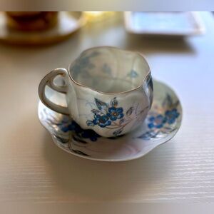 Vintage 100 year Antique Blue Floral Teacup & Saucer delicate bone China